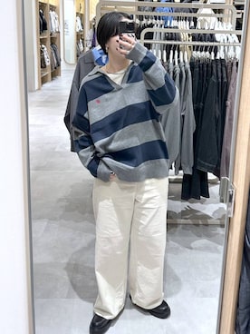 「GLOBAL WORK（グローバルワーク）のシルクブレンドクループルオーバー長袖/1051637（Tシャツ/カットソー、ホワイト系）」を使った、アミさん（レディース）の秋コーディネート
