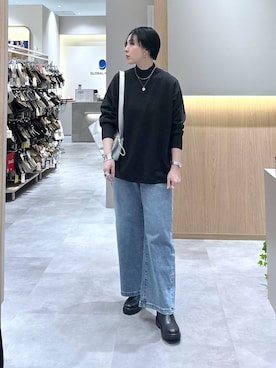 「GLOBAL WORK（グローバルワーク）のアイテム（デニムパンツ）」を使った、アミさん（レディース・167cm）の冬コーディネート