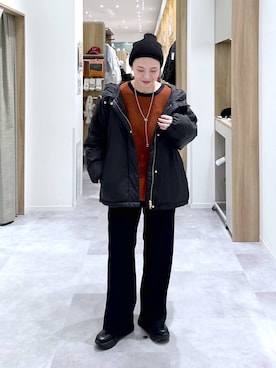 「GLOBAL WORK（グローバルワーク）のエアリュクスダウンフードブルゾン/495695（ダウンジャケット/コート）」を使った、アミさん（レディース・167cm）の冬コーディネート