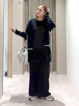 「GLOBAL WORK（グローバルワーク）のチュールフロッキーペプラム/1046121（Tシャツ/カットソー、ブラック系）」を使った、しまちゃん🍠さんの秋コーディネート