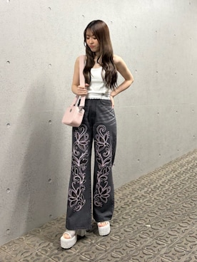「EVRIS（エヴリス）のボールチェーンショルダーBAG（ショルダーバッグ、ピンク系）」を使った、Yumeno さん（レディース・156cm）の夏コーディネート