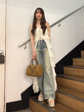 「EVRIS（エヴリス）のレースフリルロングジレ（シャツ/ブラウス、ホワイト系）」を使った、Yumeno さん（レディース・156cm）の夏コーディネート