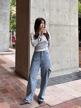 「GLOWNY（グロウニ―）のアイテム（トップス、ブルー系）」を使った、souさん（レディース・160cm）の秋コーディネート