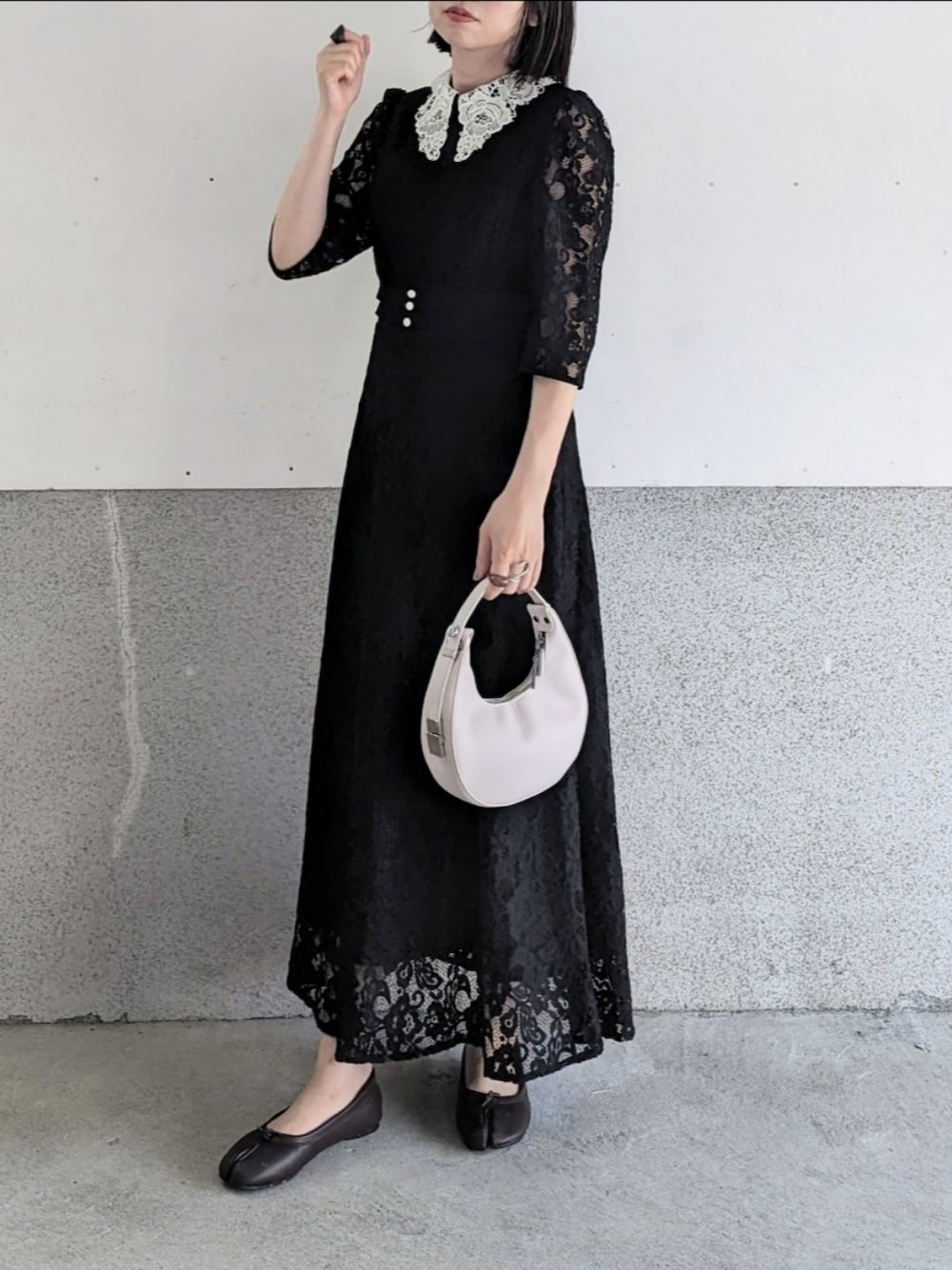 Leja レースビッグカラー花柄刺繍ウエストマークロングフレアドレスワンピース Leja（レジャ）の「【LEJA】レースビッグカラー花柄刺繍ウエスト