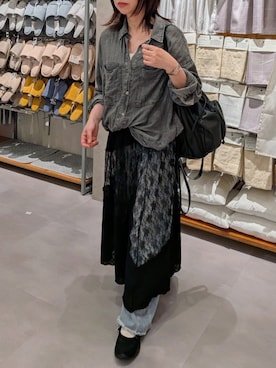 「pocket（ポケット）のレース切替レイヤードスカート（スカート、ブラック系）」を使った、yume さん（レディース・160cm）の夏コーディネート