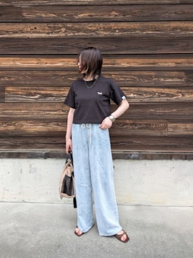 「PENNEYS（ぺニーズ）のGeeRA別注【PENNEYS】綿100％接触冷感ショートＴシャツ　ペニーズ キツネ/ペニーズ フォックス/THE FOX（Tシャツ/カットソー、ブラック系）」を使った、yume さん（レディース・160cm）の春コーディネート