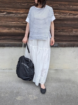 「ikka（イッカ）の【プチプラ1990円（税抜）】冷感ショルダータックプルオーバー【お得だ値／接触冷感】（Tシャツ/カットソー、ホワイト系）」を使った、yume さん（レディース・160cm）の夏コーディネート