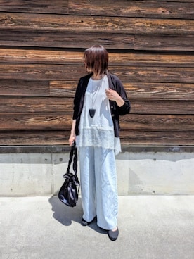 「pocket（ポケット）の裾レースドッキングノースリプルオーバー（Tシャツ/カットソー、ホワイト系）」を使った、yume さん（レディース・160cm）の春コーディネート