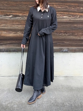 「U.S. POLO ASSN.（ユーエスポロアッスン）のGeeRA別注【U.S. POLO ASSN.】【S-XLサイズ展開】新色追加！細見え♪ポロ衿ロングワンピース（長袖）（ワンピース、ブラック系）」を使った、yume さん（レディース・160cm）の秋コーディネート