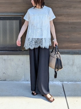 「BONLECILL（ボンルシール）のレースドッキングTEE（Tシャツ/カットソー、ホワイト系）」を使った、yume さん（レディース・160cm）の春コーディネート