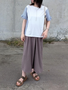 「ikka（イッカ）の【接触冷感】異素材切り替えプルオーバー（Tシャツ/カットソー、ホワイト系）」を使った、yume さん（レディース・160cm）の夏コーディネート