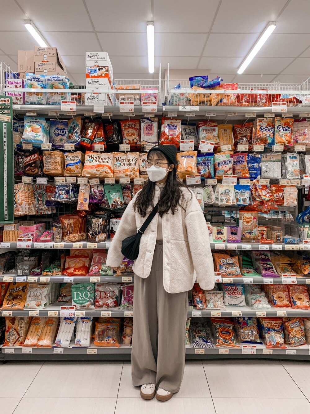 「GUのアイテム（ダッフルコート、ホワイト系）」を使った、PageCさん（レディース・158cm）の冬コーディネートの1枚目の写真