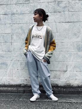 「モヘアカーディガン」｜「アイテム（スウェットパンツ）」を使った、GLOSTER stylingさん（レディース・160cm）の秋コーディネート