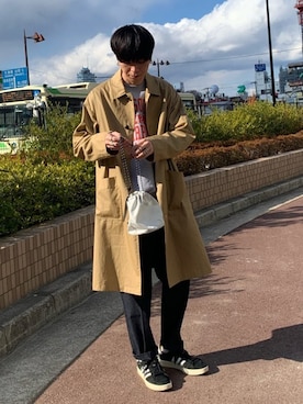 「GLOSTER（グロスター）のアイテム（ステンカラーコート）」を使った、GLOSTER stylingさん（メンズ・178cm）の春コーディネート