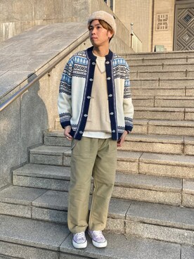 「halo commodity（ハロ　コモディティー）のアイテム（ニットキャップ/ビーニー）」を使った、GLOSTER stylingさん（メンズ・178cm）の冬コーディネート