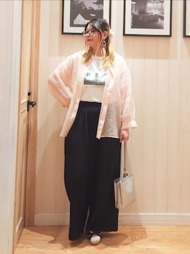 「SHOO・LA・RUE（シューラルー）の【S-LL】大人のシアー感 風合い楽しむバンドカラーシャツ（シャツ/ブラウス、ピンク系）」を使った、れーやんさん（レディース・168cm）の夏コーディネート