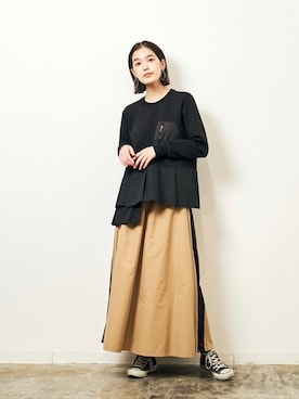 「HERENCIA（ヘレンチア）のサイドメッシュライン ナイロン タッサー セミフレア スカート（スカート）」を使った、HERENCIA_SNAP さん（レディース・165cm）の秋コーディネート