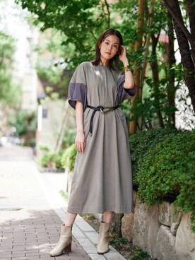 「HERENCIA（ヘレンチア）の【WEB限定商品】異素材切替え バルーンスリーブ  ボリュームスリーブ ワンピース（ワンピース）」を使った、HERENCIA_SNAP さん（レディース・165cm）の夏コーディネート