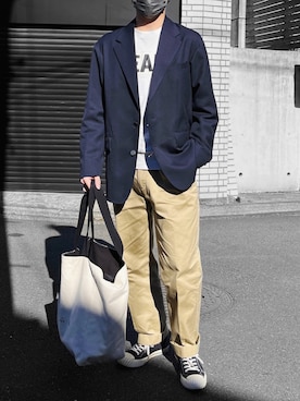 「BLUE BLUE（ブルーブルー）のアイテム（パンツ）」を使った、べー。さん（メンズ・171cm）の春コーディネート