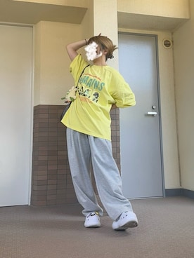 「CIAOPANIC（チャオパニック）のピグメントバンドTEE（Tシャツ/カットソー、イエロー系）」を使った、るる 🥦低身長コーデ🥬さん（レディース・149cm）の夏コーディネート