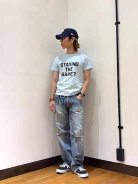 「URBAN RESEARCH（アーバンリサーチ）のTeya　Flock Letter T-shirts（Tシャツ/カットソー、ブルー系）」を使った、オタケさん（メンズ・162cm）の夏コーディネート
