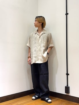 「URBAN RESEARCH（アーバンリサーチ）のMARKAWARE　NEW OPEN COLLAR SHORT-SLEEVE SHIRTS（シャツ/ブラウス、ベージュ系）」を使った、オタケさん（メンズ・162cm）の夏コーディネート