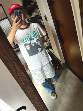 「FREAK'S STORE（フリークスストア）のWEB限定 THE BEATLES/ザ ビートルズ フォトプリント リンガーTシャツ/バックプリント（Tシャツ/カットソー、ベージュ系）」を使った、naeさん（レディース・155cm）の夏コーディネート