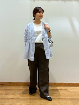 「GLOBAL WORK（グローバルワーク）のUVプロテクトペプラムカーディガン/1046363（シャツ/ブラウス、ブルー系）」を使った、hironaさん（レディース）の夏コーディネート