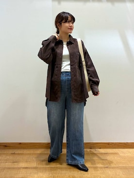 「GLOBAL WORK（グローバルワーク）のシルクブレンドクループルオーバー長袖/1051637（Tシャツ/カットソー、ホワイト系）」を使った、hironaさん（レディース）の秋コーディネート