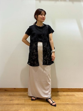 「GLOBAL WORK（グローバルワーク）のカットワークレースベスト/1046305（ベスト、ブラック系）」を使った、hironaさん（レディース）の夏コーディネート