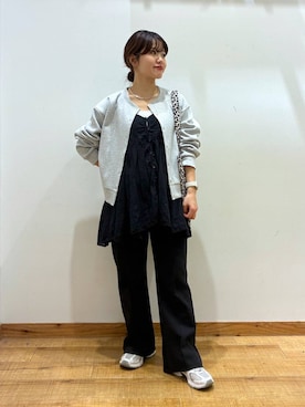 「GLOBAL WORK（グローバルワーク）のアシメヘムキャミチュニック/1017796（シャツ/ブラウス、ブラック系）」を使った、hironaさん（レディース）の秋コーディネート