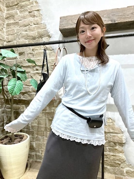 「GLOBAL WORK（グローバルワーク）のサラサラヘンリーネック長袖プルオーバー/1017895（Tシャツ/カットソー、ブルー系）」を使った、airiさん（レディース・158cm）の秋コーディネート