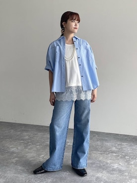 「studio CLIP（スタディオクリップ）の【daily CLIP】ルーズストレートデニム（Denim pants、ブルー系）」を使った、mitaさん（レディース・155cm）の夏コーディネート