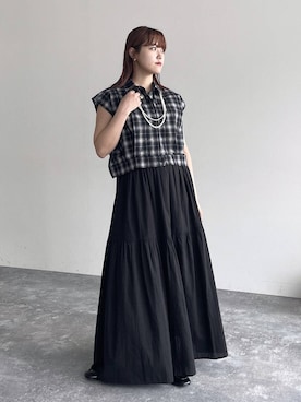 「studio CLIP（スタディオクリップ）の【daily CLIP】チェックコンパクトノースリーブブラウス（Shirts、ブラック系）」を使った、mitaさん（レディース・155cm）の夏コーディネート