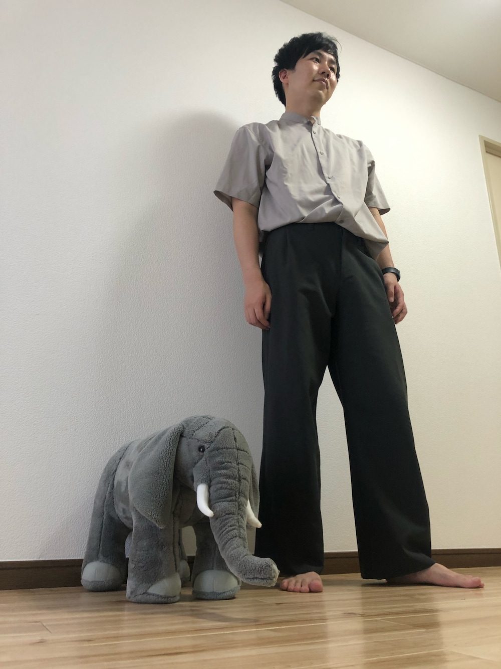 「リラックススタイル、休日スタイル、シンプル、ゆるコーデ、ootd、大人カジュアル、キレイめ」｜「PUBLIC TOKYOの極 センタープレスストレートスラックス/エバクリ（スラックス、グレー系）」を使った、おもちさん（メンズ・178cm）の夏コーディネートの1枚目の写真