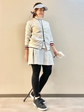 「adabat（アダバット）の【ADABAT NAVY】UVケア　フルールドリスジャカードブルゾン（ブルゾン、ホワイト系）」を使った、maicoさん（レディース・156cm）の秋コーディネート