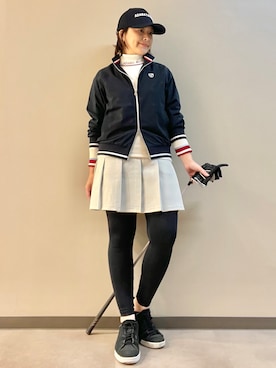 「adabat（アダバット）の【ADABAT NAVY】モノグラムエンボスジップブルゾン（ブルゾン、ブルー系）」を使った、maicoさん（レディース・156cm）の秋コーディネート
