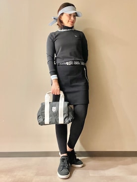 「adabat（アダバット）の【ADABAT NAVY】UVカット ロゴリブタートルネックプルオーバー（Tシャツ/カットソー、ブラック系）」を使った、maicoさん（レディース・156cm）の秋コーディネート