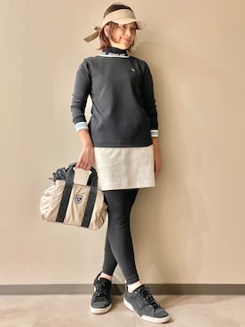 「adabat（アダバット）の【ADABAT NAVY】UVカット ロゴリブタートルネックプルオーバー（Tシャツ/カットソー、ブラック系）」を使った、maicoさん（レディース・156cm）の秋コーディネート