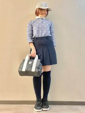 「adabat（アダバット）の【ADABAT NAVY】モノグラムサッカー長袖ポロシャツ（Tシャツ/カットソー、ホワイト系）」を使った、maicoさん（レディース・156cm）の秋コーディネート