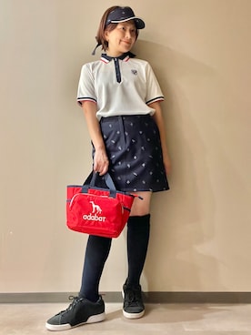 「adabat（アダバット）の【ADABAT NAVY】吸水速乾/ＵＶカット　カノコクレリック半袖ポロシャツ（ポロシャツ、ホワイト系）」を使った、maicoさん（レディース・156cm）の夏コーディネート