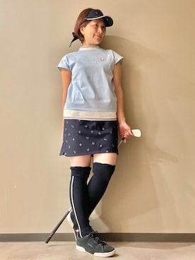 「adabat（アダバット）の【ADABAT NAVY】吸水速乾/接触冷感 フレンチスリーブモックT（Tシャツ/カットソー、ブルー系）」を使った、maicoさん（レディース・156cm）の夏コーディネート