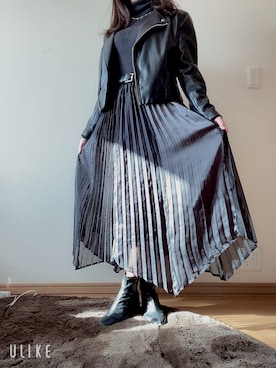 「H&M（エイチ・アンド・エム）のアイテム（ライダースジャケット）」を使った、Shiriさん（レディース・156cm）の秋コーディネート