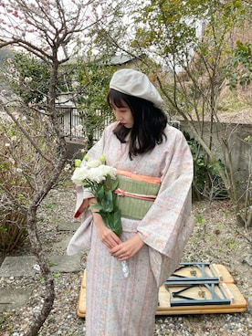 「着物」｜「アイテム（ハンチング/ベレー帽）」を使った、よしまるさん（レディース・160cm）の春コーディネート