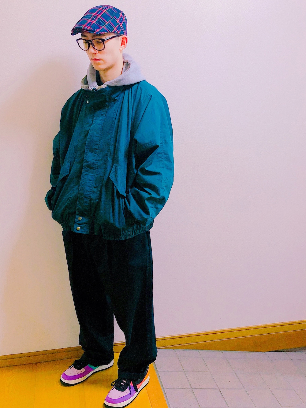 「古着、古着コーデ、古着男子、古着大好き、oldclothes、NIKE、AIR FORCE 1、ハンチング」｜「NIKEのアイテム（スニーカー、その他）」を使った、ゆあんじさん（メンズ・178cm）の冬コーディネートの1枚目の写真