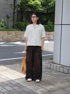 「soerte（ソエルテ）のLOOSE H / S OPEN COLLAR SHIRT (ASSORT)/ルーズハーフスリーブオープンカラーシャツ（シャツ/ブラウス、ホワイト系）」を使った、KEIGOさん（メンズ・178cm）の夏コーディネート