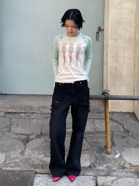 「Oriens JOURNAL STANDARD(オリエンス ジャーナルスタンダード)のブロークンダメージデニムパンツ(デニムパンツ、ブラック系)」を使った、さえさん(レディース)の春コーディネート