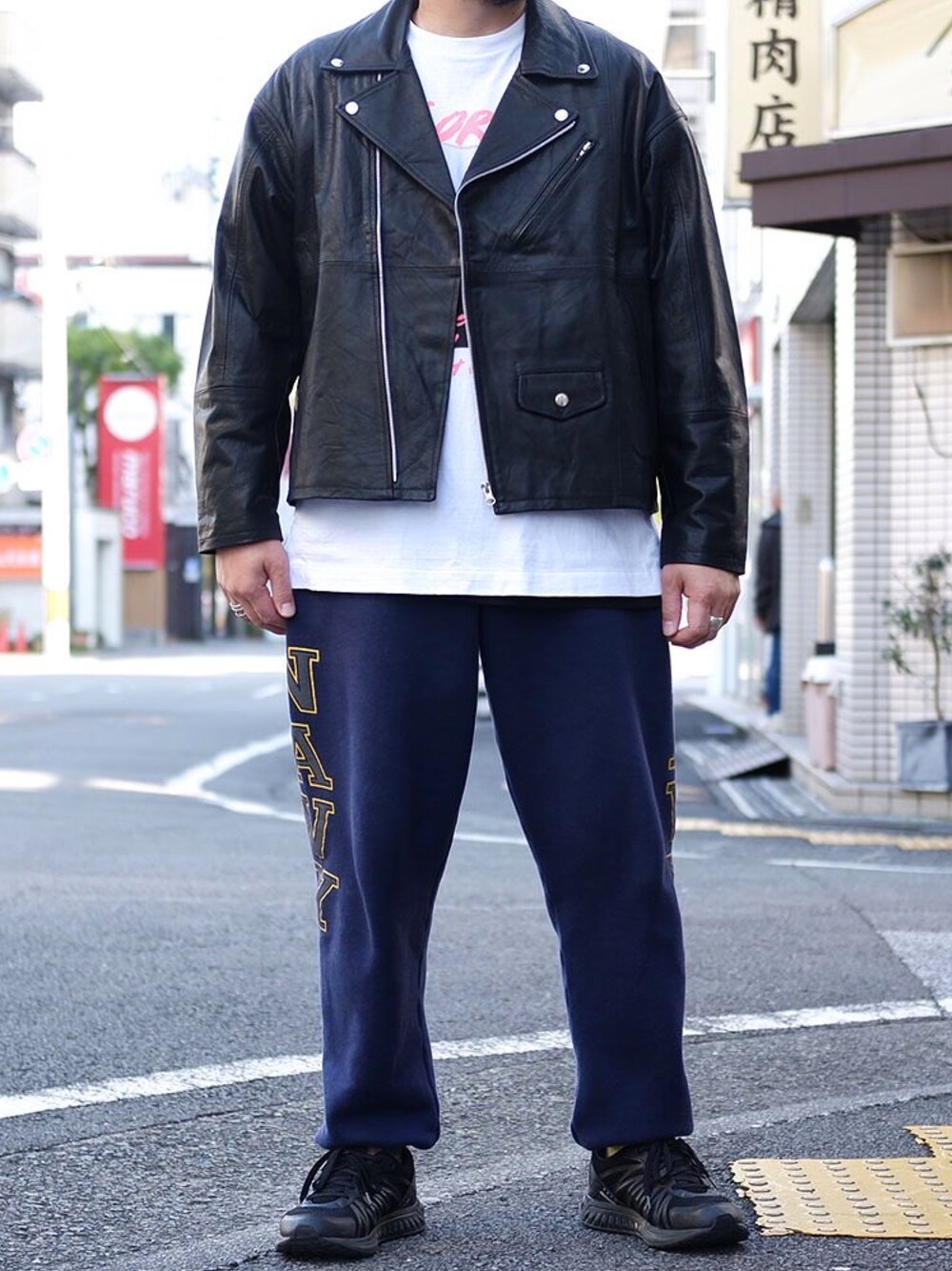 「今日のコーデ、今日の服、ライダース、冬アウター」｜「us navyのアイテム（スウェットパンツ、ブルー系）」を使った、yoheiさん（メンズ・175cm）の冬コーディネートの1枚目の写真