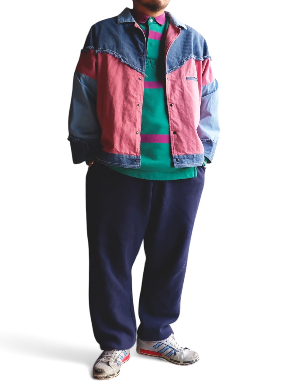 「今日のコーデ、今日の服、ラガーシャツ、スウェットパンツ、古着MIX、masterkey」｜「adidas by RAF SIMONSのアイテム（スニーカー、ホワイト系）」を使った、yoheiさん（メンズ・175cm）の春コーディネートの1枚目の写真
