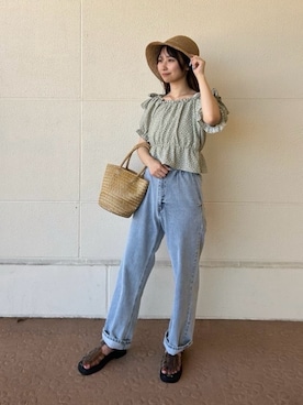 「AS KNOW AS plus（アズノゥアズプラス）の♪後レースアップ ハイウエストデニムパンツ（デニムパンツ）」を使った、AS KNOW AS plus/アズノゥアズプラスさん（レディース・158cm）の夏コーディネート